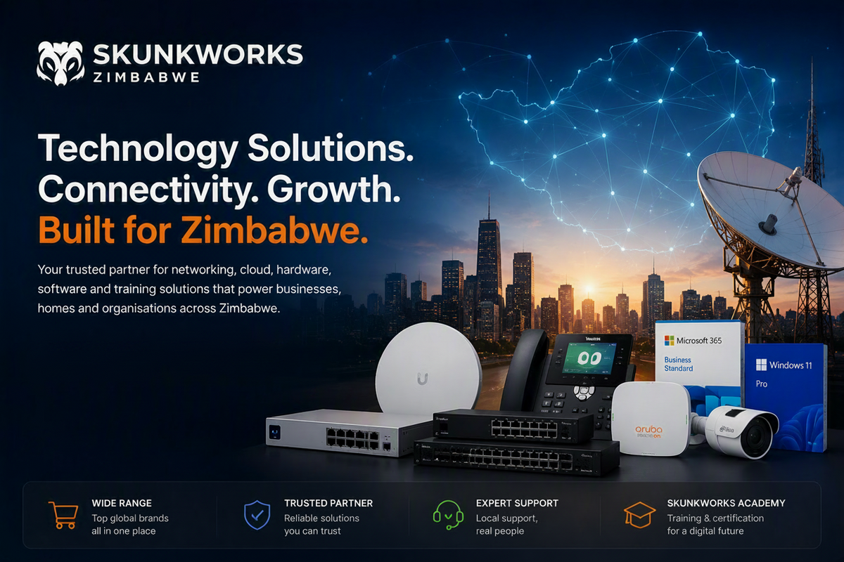 A promotional banner for Skunkworks Zimbabwe, showcasing various networking and communication technology products including a network switch, IP phone, wireless access point, security camera, and router. The background features a city skyline at sunset with a glowing global network map overlay and a large satellite dish.
